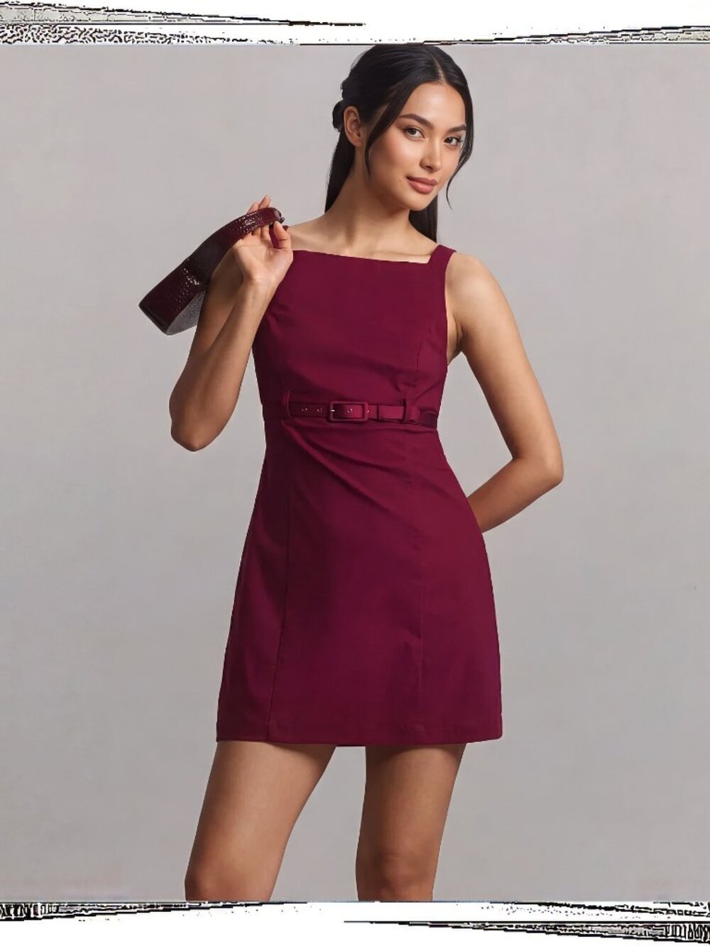 NWT: Rich Berry Red Boat Neck Mini Dress w/ High Waist Belt (4)